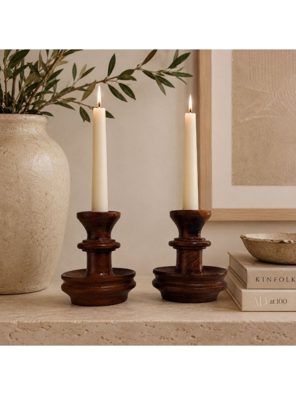 Hand Turned Wooden Candlestick Holders Set of 2  VTG Primitive Rustic Farmhouse